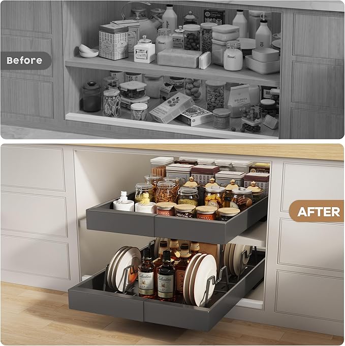 2 Pack Pull out Cabinet Organizer 21" Deep With Raising Pad for Framed Cabinets, Expandable (9"-14" W) Slide out Drawers for Kitchen Cabinets with 4pcs Divider Racks, Roll out Shelves, Black