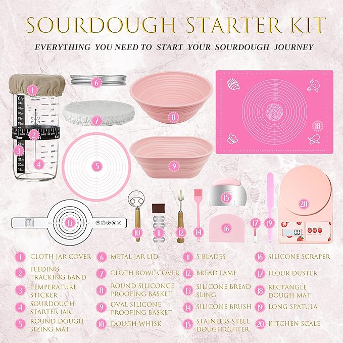 Sourdough Starter Kit, Sourdough Bread Baking Supplies, Sourdough Kit, Bread Making Tools and Kit, Bread Proofing Baskets, Sourdough Starter Jar, Beginner Friendly Sour Dough Kit (Cute Pink)