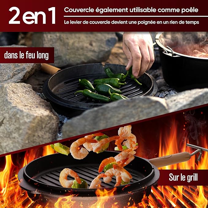 Pre-Seasoned Dutch Oven Set - 7 Quart Cast Iron Dutch Oven Pot with Lid, Fire Pot with Feet for Bread Baking & Cooking - Includes 2-in-1 Lid Lifter, Brush & Recipe Book [for 3-5 People]