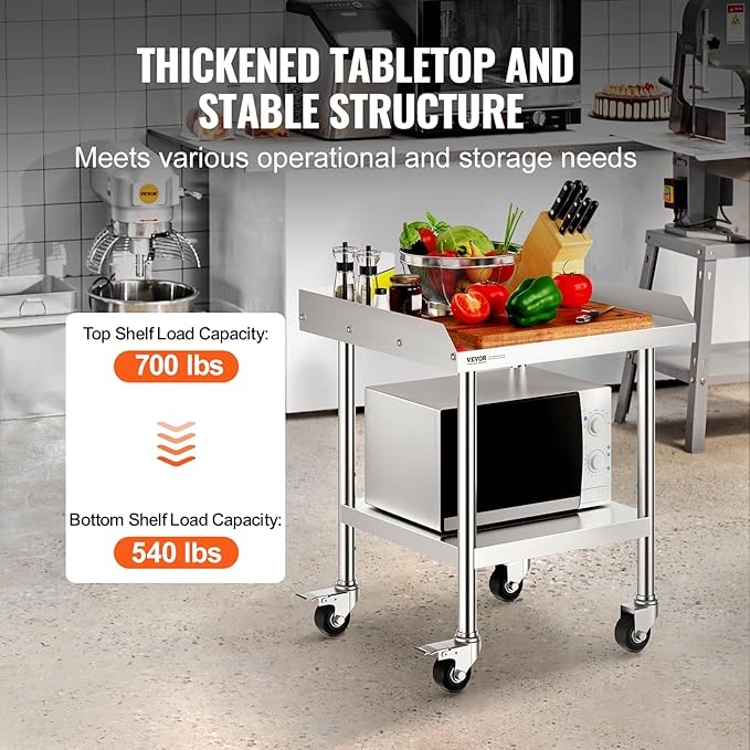 VEVOR Stainless Steel Work Table, 24 x 24 x 30 Inch Commercial Food Prep Worktable with 4 Wheels, Casters, 3-Sided Backsplash Heavy Duty Prep Worktable, Metal Work Table for Restaurant Home Hotel