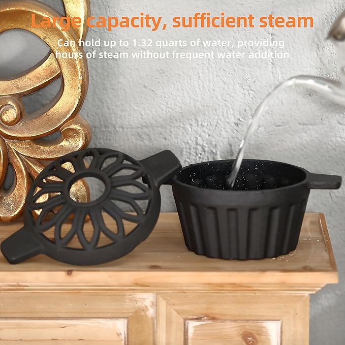 Cast Iron Wood Stove Steamer, Rust Resistant Fireplace Pot with Hollow Carved Lid, 1.32 Quart Capacity Wood Stove Humidifier, Matte Black Finish, Home Indoor Decorative