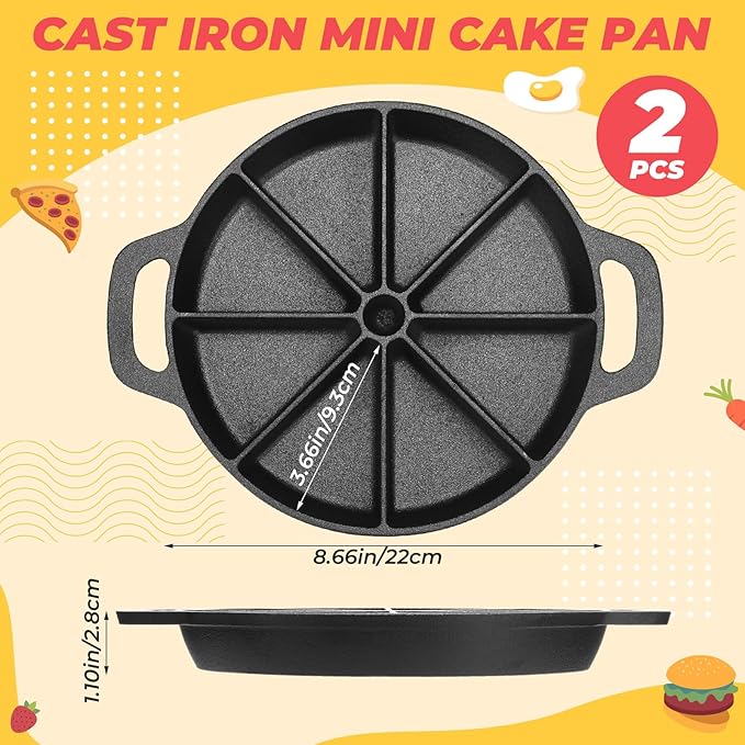 Tioncy 2 Pcs Cast Iron Biscuit Pan Cast Iron Muffin Seasoned Mini Cake Scone Donut Pie Pan for Baking, Egg, Corn Bread, Cupcakes & Dessert (Wedge Style)
