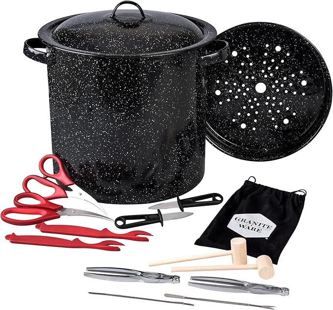 Granite Ware 15-Piece Seafood Set with 15.5 Qt Stock Pot, Lid & Steamer Insert and Seafood Tool Kit for Crab, Lobster, Shrimp Boiling.