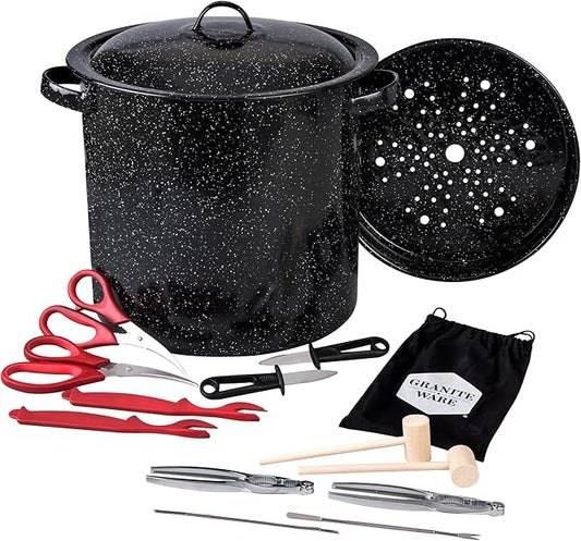 Granite Ware 15-Piece Seafood Set with 15.5 Qt Stock Pot, Lid & Steamer Insert and Seafood Tool Kit for Crab, Lobster, Shrimp Boiling.