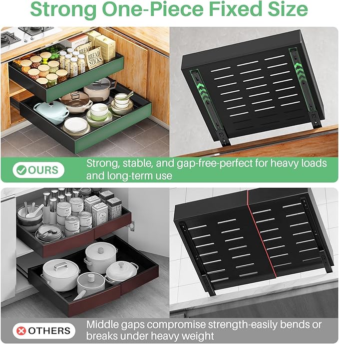 Pull out Cabinet Organizer, 21"Deep, 11.8"Wide Full-Extension Heavy Duty Slide out Drawers with Nano Adhesive, Roll Out Shelves Sliding Cabinet for Kitchen, Bathroom, Pantry,Under Sink Storage(Black)