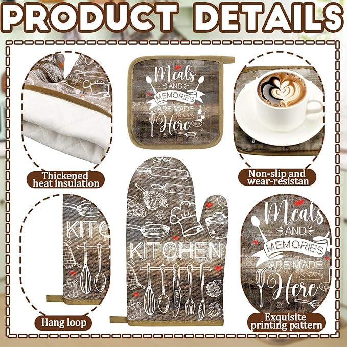 10 Pcs Farmhouse Kitchen Decor Brown Oven Mitts and Pot Holders Sets Vintage Kitchen Dish Towels Rustic Pattern Oven Gloves for Home Decorations Baking Cooking Birthday Summer Gifts