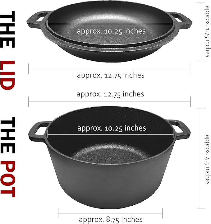 Cuisiland 5QT Cast Iron Combo Cooker – Pre-Seasoned Dutch Oven with 10’’ Skillet Lid – 2-in-1 Multipurpose Cookware for Baking, Searing, Roasting & Frying – Oven & Campfire Safe