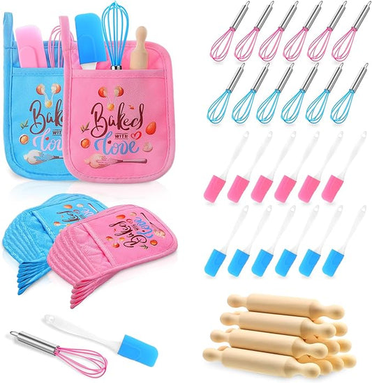 48 Pcs Kids Mini Baking Supplies with Kitchen Utensil, Pot Holders, Spatula, Rolling Pin, Whisk for Kids Classroom School Exchange Party Favors (Small)