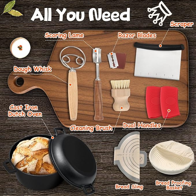 5 Qt Cast Iron Dutch Oven for Bread Baking, Sourdough Dutch Oven with Lid, Dutch Pot with Bread Baking Supplies