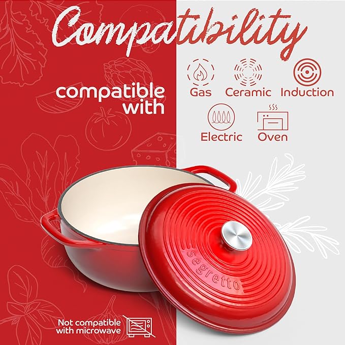 Segretto Enameled Cast Iron Dutch Oven Pot with Lid, Red, 6 Quart Sourdough Dutch Oven for Bread Baking, Braising, Roasting Safe to 500°F Durable Enamel with High Heat Retention and Moisture Lock Seal