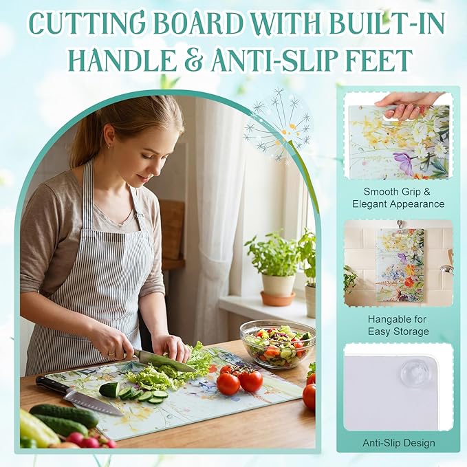 2 Pack Glass Cutting Board for Kitchen, Floral Pattern Tempered Glass Cutting Board with Handles Set Gifts Charcuterie Cheese Snack Boards Decorative, 16 x 12 Inches and 12 x 8 Inches