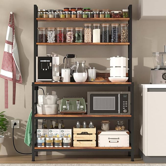 Kitchen Baker’s Rack with Power Outlet, 5-Tier Free Standing Storage Shelf Rack with Hooks, Kitchen Shelves with Storage,Industrial Microwave Stand Shelf for Dining Room,Coffee Bar for Spaces