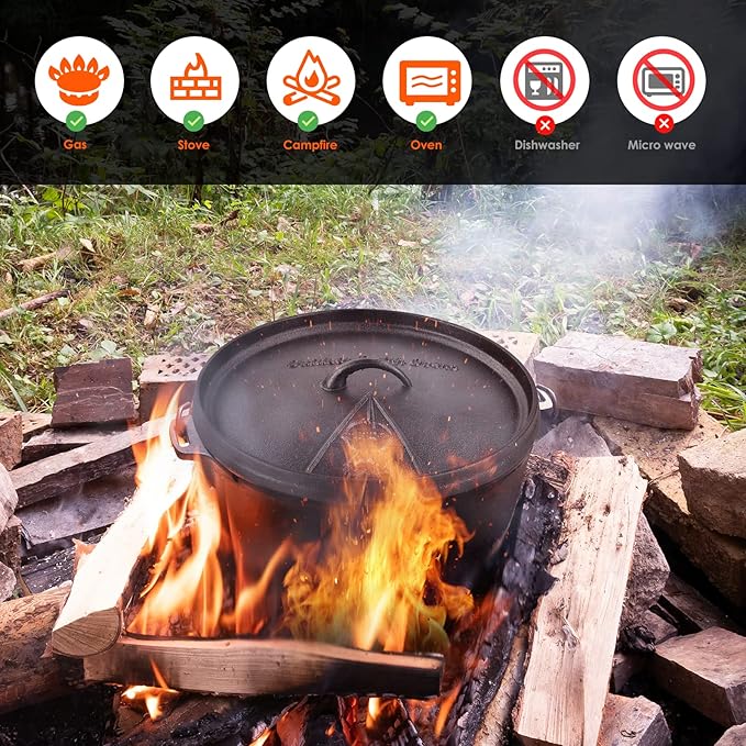 LIFERUN Dutch Oven Pot with Lid, 12 Quart Cast Iron Dutch Oven, without Feet, with Stand & Spiral-shaped Handle, Cast Iron Pot for Outdoor & Indoor, black