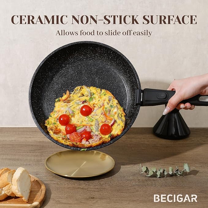 21PCS ceramic cookware set,Nonstick ceramic pan, Removable Handle pots and pans set, Stackable Pan Set, Nonstick Pots and Pans Set Non Stick(Black)