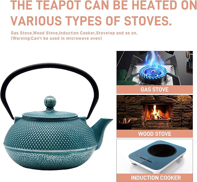 30.4oz Small Cast Iron Teapot, Tea Kettle with Stainless Steel Infuser for Loose Tea, Coated with Enameled Interior, Japanese Style Tetsubin for Stovetop Safe(900ml)