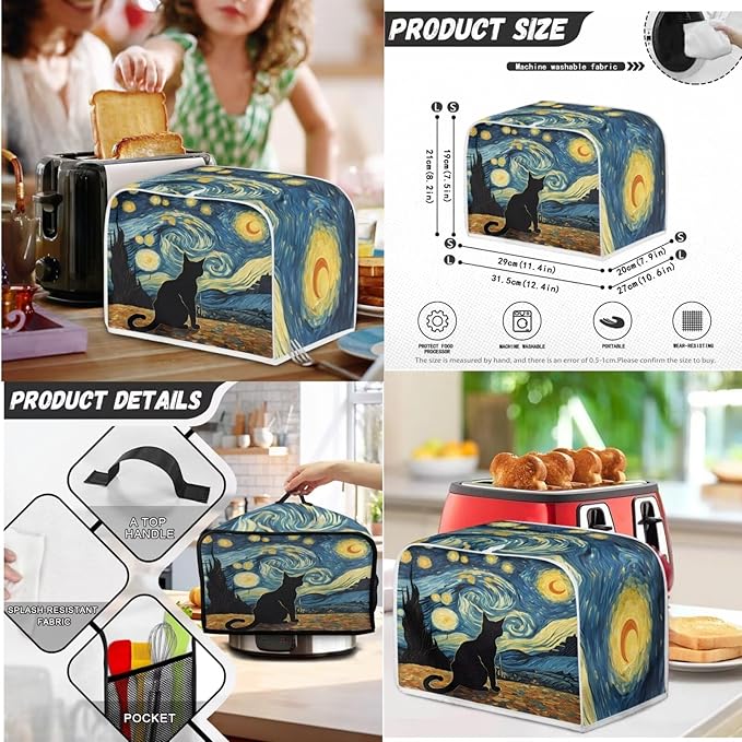 Starry Night Cat Decoration Slow Cooker Cover Toaster Cover Blender Covers Set,Fit 6-8 qt Slow Cooker Bread Machine Dust Cover Fits for Most Standard 2 Slice Toasters,Machine Washable(Blue)