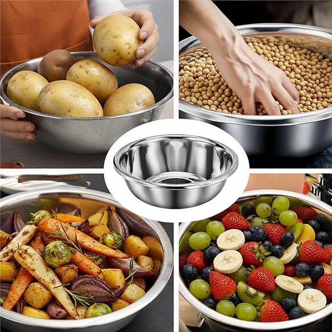 4 Pack 13 Qt 304 Stainless Steel Large Mixing Bowls with Flat Base Polished Mirror Finish Metal Bowls for Home or Commercial Baking Mixing Marinating and Food Preparation