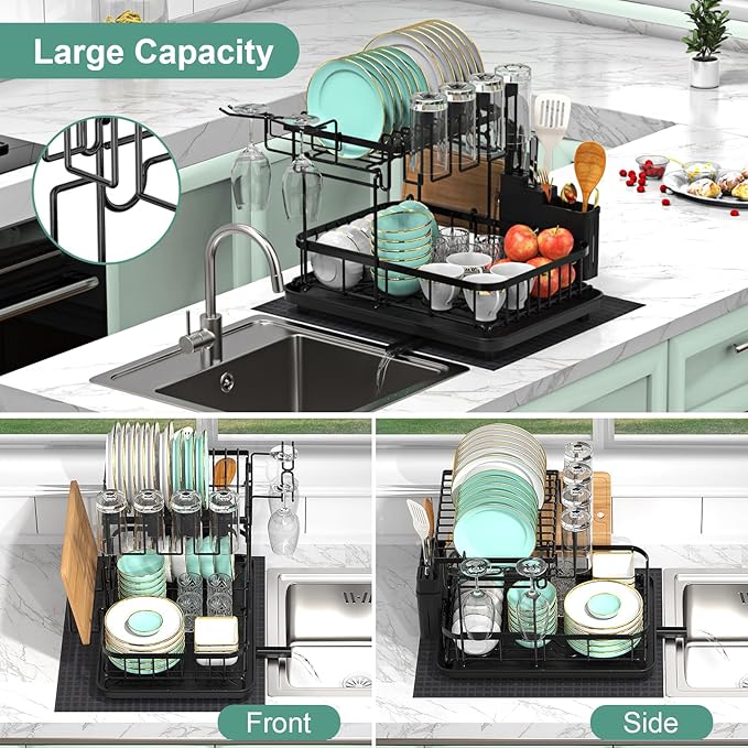 2 Tier Dish Drying Rack with Drainboard, Large Dish Organizer and Strainer Set for Kitchen Counter with Mat, Wine Glass Holder and Utensil Holder