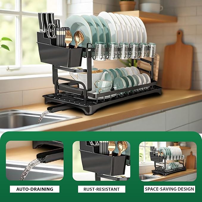 2-Tier Dish Drying Rack with 360° Rotating Drainage Spout, Heavy-Duty Rustproof Dish Rack with Utensil Holder & Storage Basket, Compact Space-Saving Design for Kitchen Counter Organization