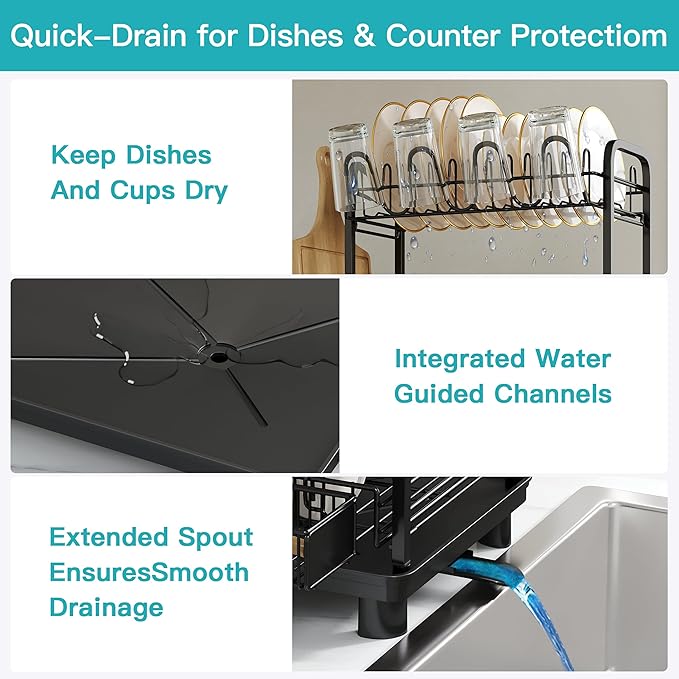 romision Capacity Dish Drainers Drying Rack, Metal Stainless Steel Rust Proof Plate Strainers Holder with Drainboard Tray, Space Saving, On Counter 2 Tier, Black