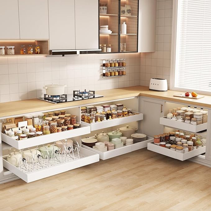 2 Pack Pull out Cabinet Organizer 21" Deep With Raising Pad for Framed Cabinets,Expandable (15.2"-26.3"W) Slide out Drawers for Kitchen Cabinets with 4pcs Divider Racks,Roll out Shelves,White