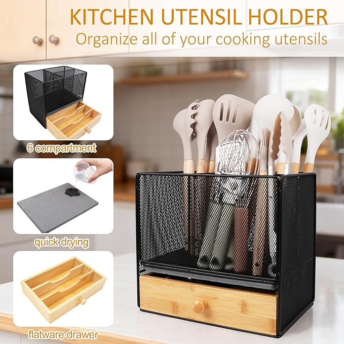 Kitchen Utensil Holder with Drawer, 2-In-1 Large Utensil Holder & Silverware Holder for Counter & Countertop, Kitchen Utensils Organizer for Cookware and Flatware, With Quick Dry Diatomite Pad