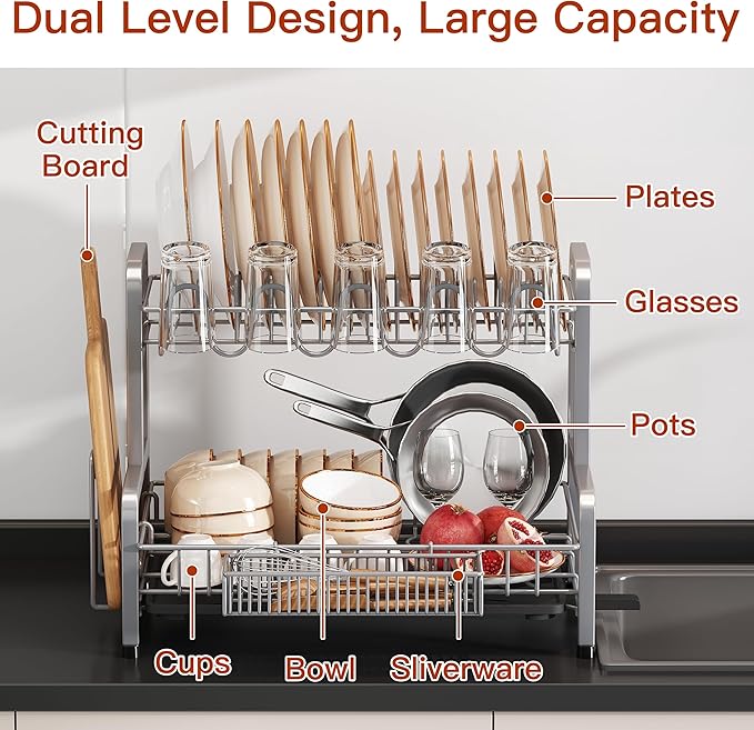 2 Tier Dish Drainers Drying Rack for Kitchen Counter Large Stainless Steel Dishes Drain with Drainboard, Space Saving, Big Modern Silver Countertop Metal Plates Dryer Strainer Holder and Extra Tray