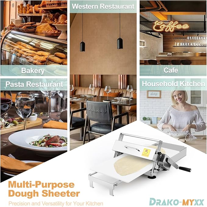 15.5" Folding Dough Sheeter, Includes 35.4" x 15.8" Sheeter Board, Dough Mat (23.6" x 15.8"), 2 Pastry Brushs, 2 Scrapers, Wool Brush, Manual Dough Roller with 55 Thickness Settings, Stainless Steel