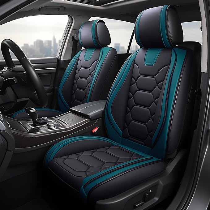 OASIS AUTO Car Seat Covers Full Set, Sporty Faux Leather with Honeycomb Pattern, Waterproof Universal Fit for SUV, Sedan, Pick-up Truck, Automotive Interior Accessories (OS-004 Black&Teal)