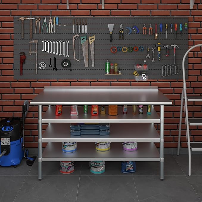 AmGood Stainless Steel Work Table with 1.5" Backsplash and 3 Shelves | Metal Kitchen Food Prep Table | NSF (60" Long x 30" Deep)