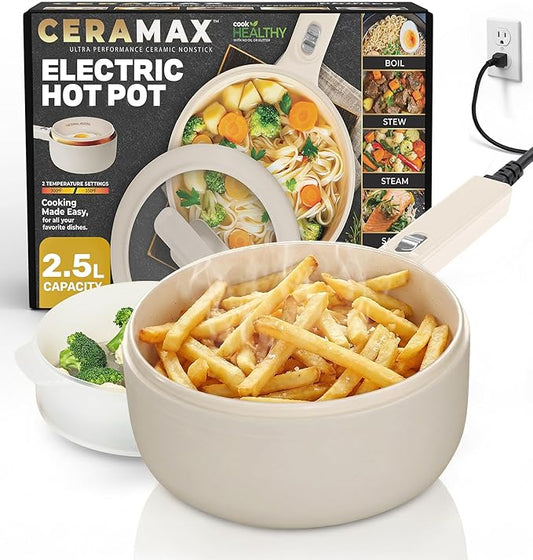 PRO 2.5L Electric Hot Pot with Lid & Steamer, All in 1 Non Toxic Ceramic Cooker Skillet Hotpot and Deep Fryer Pot for Ramen, for Dorms, Camping, RVs, Adjustable Temp. - New Improved 2026 Model