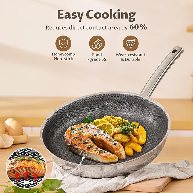 Hybrid Ceramic Frying Pan Set, Tri Ply Stainless Steel Pan (8+9.5+11 Inch), Induction Skillet, Oven Safe, Fast Heating, Ergonomic Handles, Suitable for All Stove, PFOA/PFOS/PTFE Free