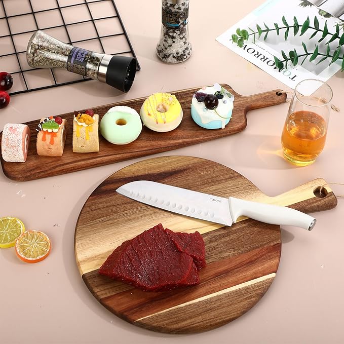 Hsei 2 Pcs Acacia Wood Cutting Board with Handle Wooden Charcuterie Board Large Paddle Carving Chopping Set Butter Serving Tray for Cheese Meat Fruit Bread (Classic Handle,16x12,19x4.7 Inch)