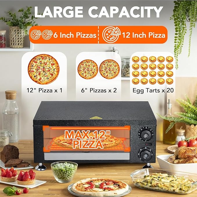 High-Speed Commercial Pizza Oven 12" 1100W，Sealed Stainless Steel with 60-Min Timer for Pizzeria, Food Truck, Catering，Countertop Electric Baking Machine