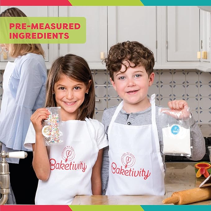 Baketivity Kids Baking Set, Meal Cooking Party Supply Kit for Teens, Real Fun Little Junior Chef Essential Kitchen Lessons, Includes Pre-Measured Ingredients (Baketivity Kit, Snowball)