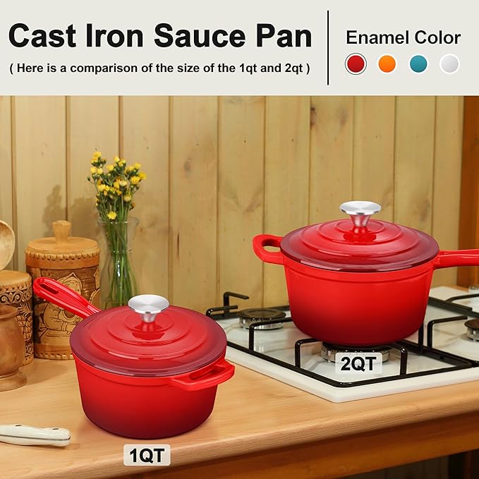Enameled Cast Iron Sauce Pan, Leonyo 1 Qt & 2 Qt Saucepan Set, Cast Iron Dutch Oven Kitchen Small Pots for All Cooktops Cooking Pasta, Milk, Oatmeal - Up to 500°F & Nonstick, Red