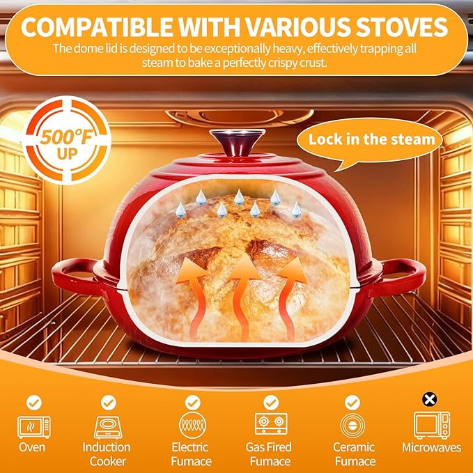 ONKO Dutch Oven For Sourdough Bread Baking, 6QT Enameled Cast Iron Dutch Oven Pot With Lid, Non-stick Sourdough Baking Pan with Bread Dome, Round Ceramic Dutch Ovens Pot with Cloche for Homemade
