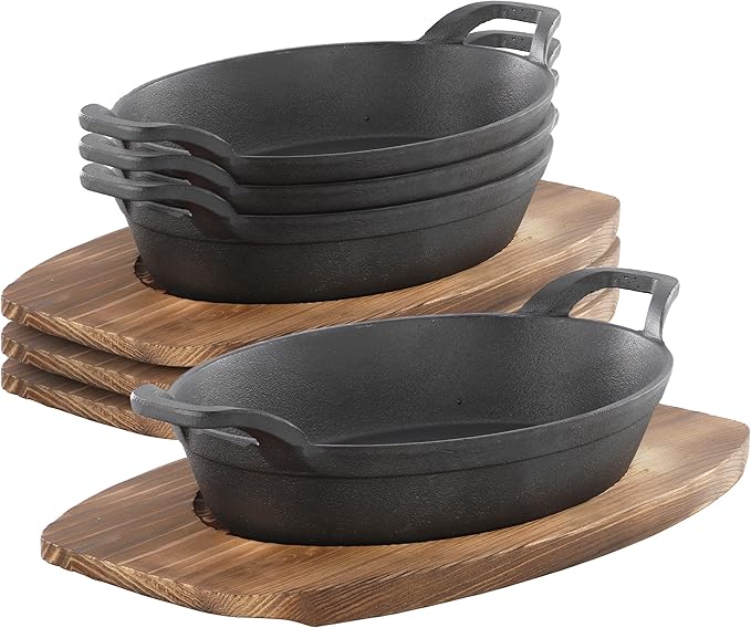 Megachef Cast Iron Mini Oval Pan/Saute Pan with Wood Tray, Cookware, Bakeware, Serveware (4 Piece)
