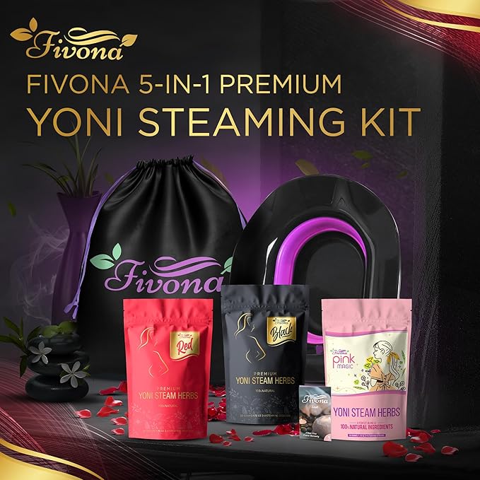 Fivona 5-in-1 Yoni Steaming Kit Foldable Over The Toilet Steamer Seat with Black Red Pink Premium Yoni Herbs and Storage Bag - Effective Detox pH Balance Cleansing and Relaxation - at Home V-SPA