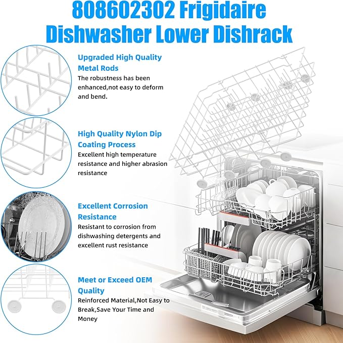 UPGRADED 808602302 Dishwasher Lower Dishrack Compatible with Frigidaire Kenmore Dishwasher Rack Replacement Parts with Wheels,808602302 154432602 Frigidaire Dishwasher Rack Parts Bottom Rack