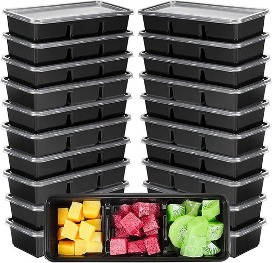 Hushee 50 Pack 17 oz Small Meal Prep Containers with 3 Compartments Snack Containers with Lid Disposable Plastic Bento Box Travel Lunch Food Boxes Stackable for Office Picnic (Black)