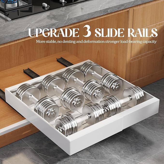 4 Pack Expandable Pull Out Cabinet Organizer 21"Deep With Raising Pad for Framed Cabinets,Upgrade 3 Slide Rails Slide Out Drawers,No Drill Roll Out Shelves,Adjustable Width 12.1"-20.4" White