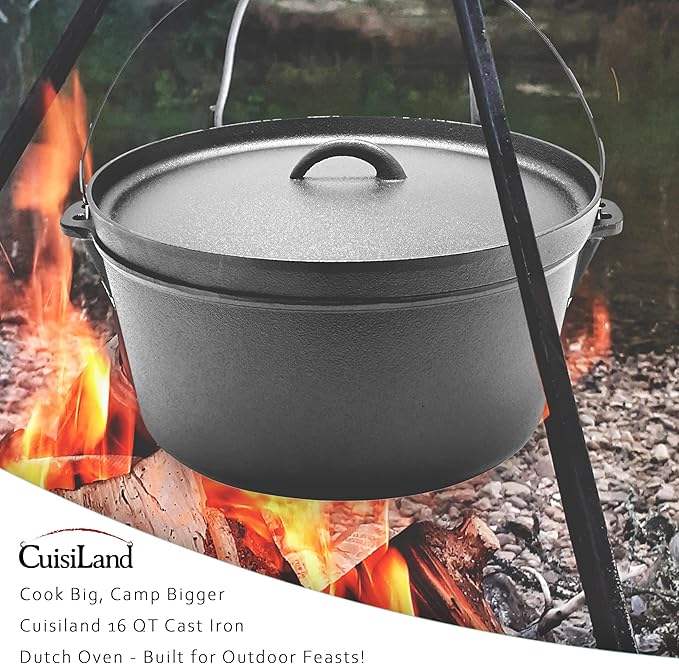 Cuisiland 16QT Cast Iron Dutch Oven with Lip Lid & Bail Handle – Extra Large Pre-Seasoned Campfire Pot for Outdoor Cooking, Roasting, Baking & Stews – Heavy-Duty Camping Cookware for Even Heat