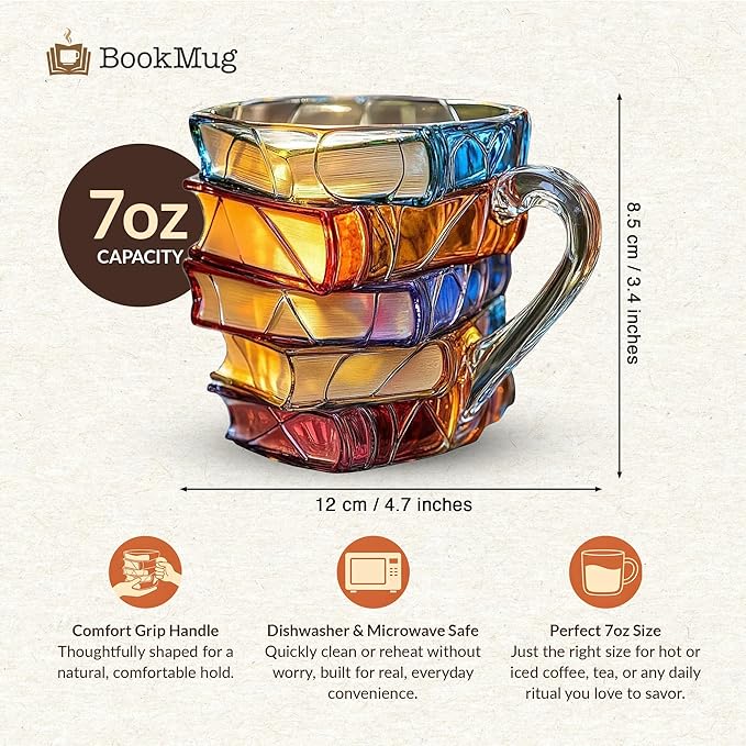 Chapter Book Mug Glass 3D Book Mugs Birthday Gift For Women Stained Glass Cups with Stack Design, Artistic Reading Coffee Cup, Unique Literary Friendship Gifts for Women, Friends & Readers