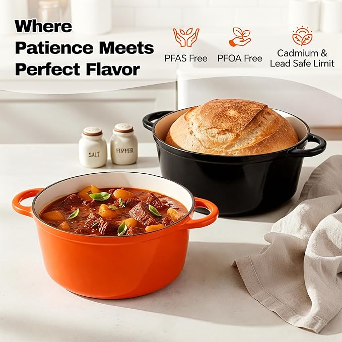 6.5 Quart Dutch Oven Pot with Lid, Non Stick Enameled Cast Iron Dutch Oven for Bread Baking, Heavy-Duty, Oven Safe Ceramic Cookware Up to 500°F for Baking, Braising, Stews, Roasting, Orange