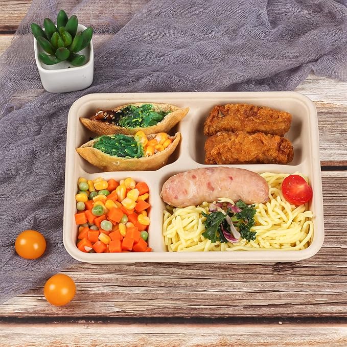 Sugarcane Fiber 23 oz 4 Compartments disposable plates with Lids Bagasse Plant Fibers Freezer Safe 50 PACK