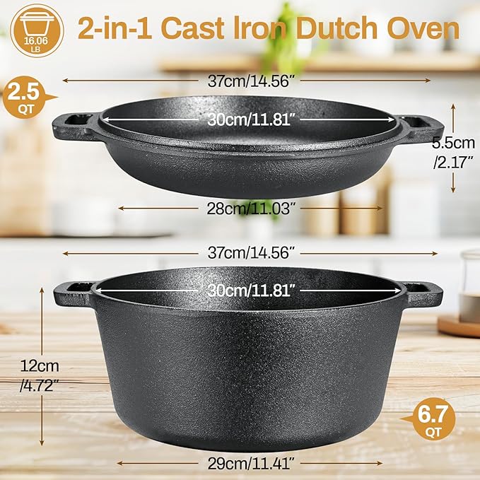 TLGREEN Cast Iron Dutch Oven Pot with Lid, Pot (6.7QT) and Lid as a Skillet(2.5QT) - Dutch Oven Cast Iron with Silicone Holders, Iron Stand, for Oven, Stove, Grill，Campfire