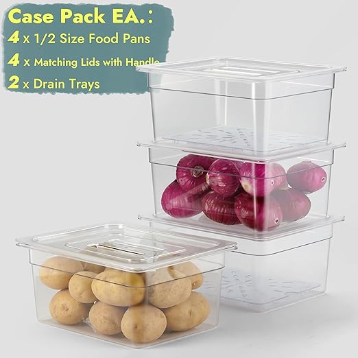 CURTA 4-Pack 1/2 Size 6" Deep NSF Polycarbonate Food Pans with Handled Lids & Drain Trays | Dishwasher & Freezer Safe Clear Container for Prep Tables, Buffet, Salad Bar, Commercial & Home Kitchen