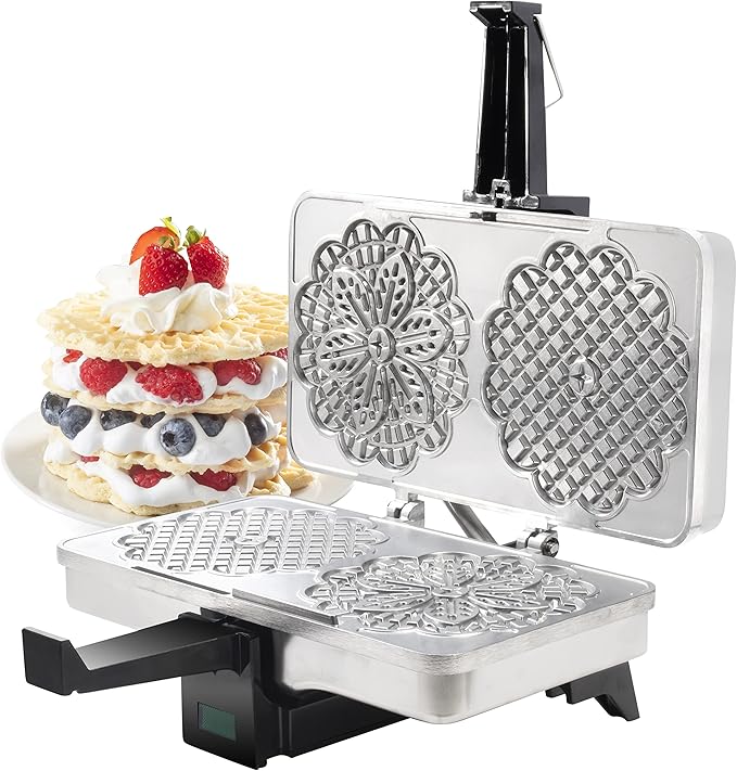 Pizzelle Maker- Polished Electric Baker Press Makes Two 5-Inch Cookies at Once, Even Heating Plates- Must Have Party Baking Supplies - Italian Easter Dessert Treat Making w Recipe Guide- Gift for Her