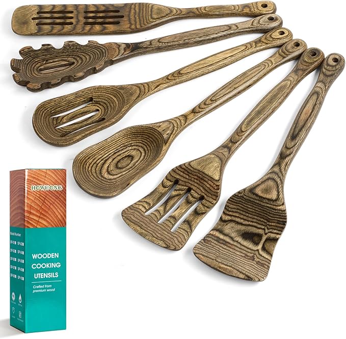 Wooden Spoons for Cooking, Pakkawood Kitchen Utensil Set Granite, Premium Durable Wooden Utensils for Nonstick Cookware, Heat Resistant, Smooth Finish, Comfortable Grip, 6 Piece